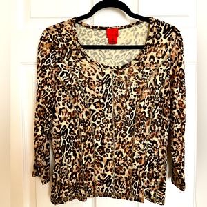 V CRISTINA Top Blouse Leopard Animal Print 3/4 Sleeves Metallic Y2K Style Medium